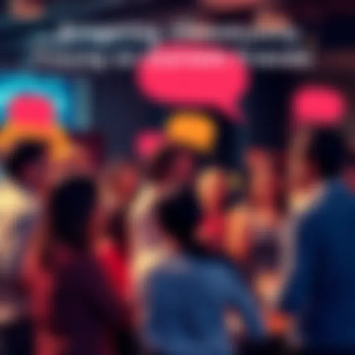 A group of people engaging in a lively discussion, sharing thoughts on current trends with speech bubbles around them.