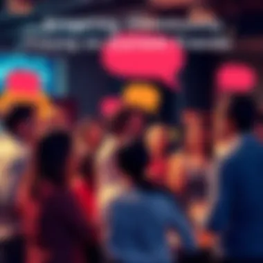 Community Discussion on Trends A group of people engaging in a lively discussion, sharing thoughts on current trends with speech bubbles around them.