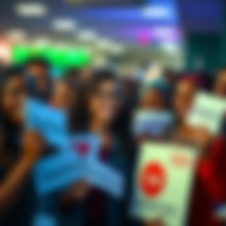 A diverse group of people smiling and holding donation signs at a community event
