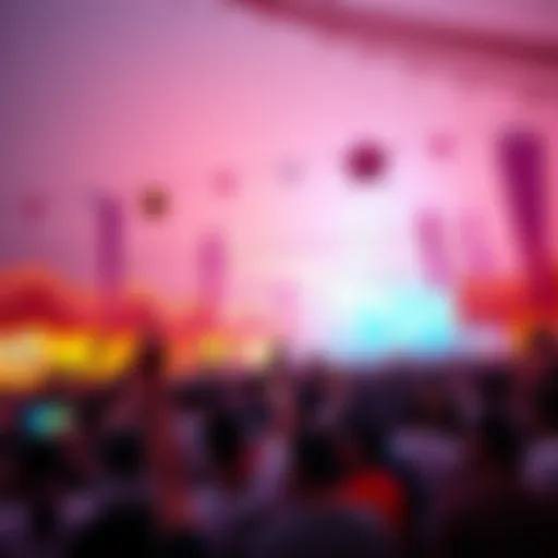 A large crowd gathers to celebrate at a vibrant local event with colorful banners and festive decorations.