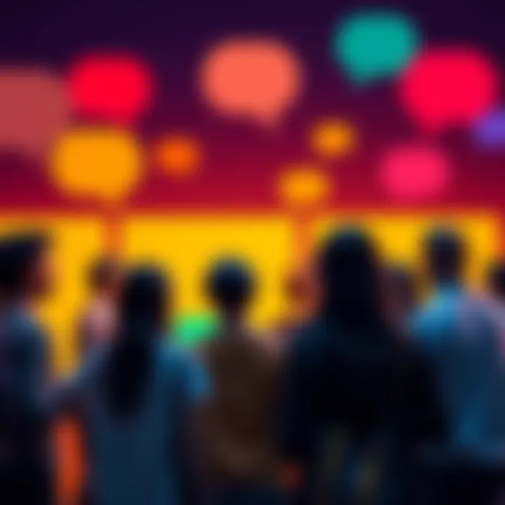 A group of diverse people discussing ideas with speech bubbles around them, emphasizing community input.