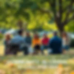 A group of residents in a park discussing community issues and solutions together