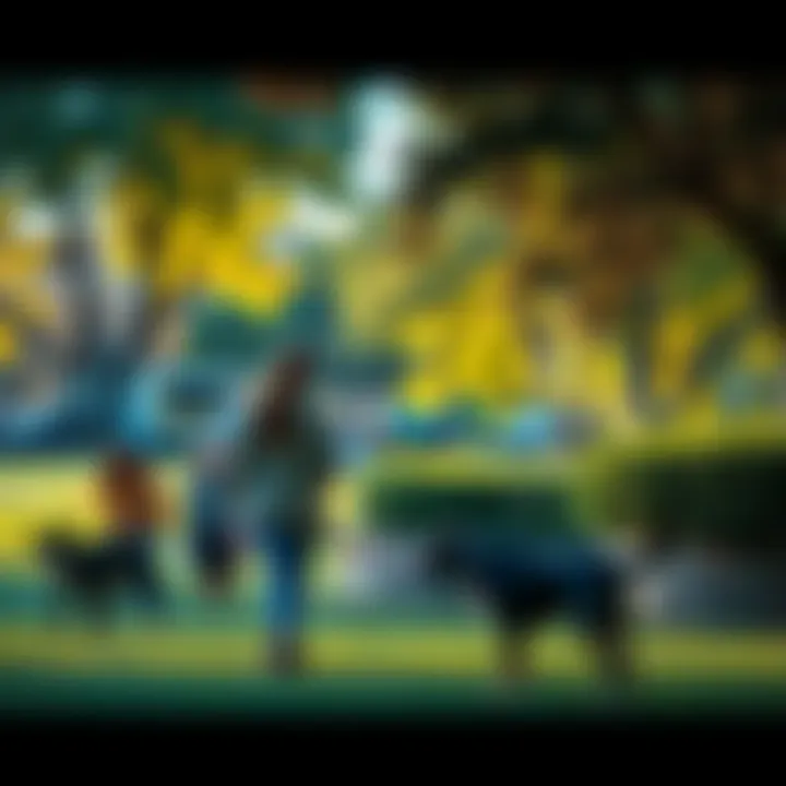 A group of people looking around in a park while searching for a lost dog.