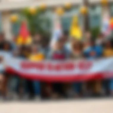 A group of diverse people working together to support various causes, holding banners and helping each other