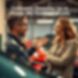 A representative from a company discussing car damage repair costs with a customer, showing a supportive gesture.