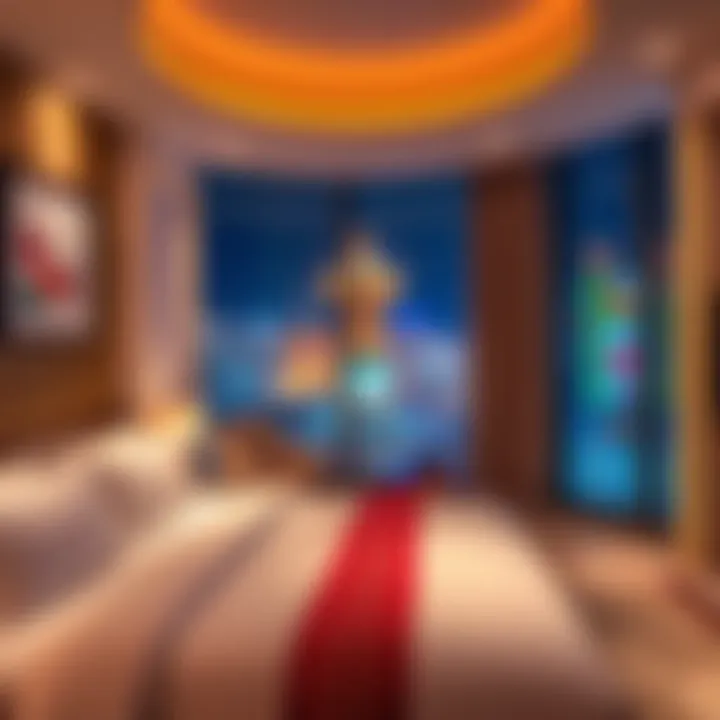 A luxury hotel room in Las Vegas with vibrant decor and a view of the Strip