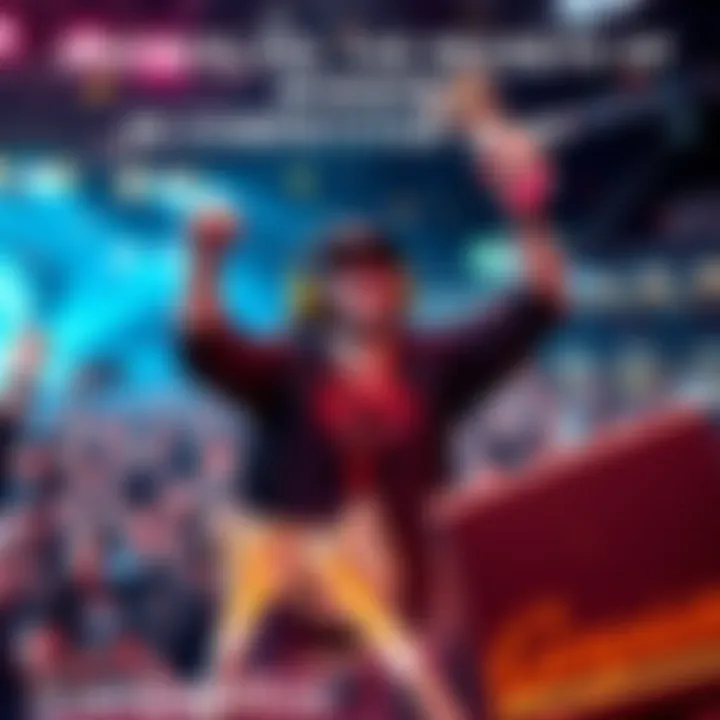 A player celebrating a win in a competitive gaming tournament, surrounded by trophies and cheering crowd.