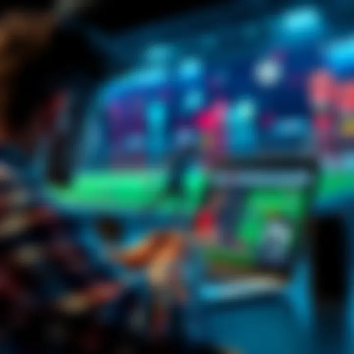 A person looking at a betting platform on a laptop with sports graphics in the background