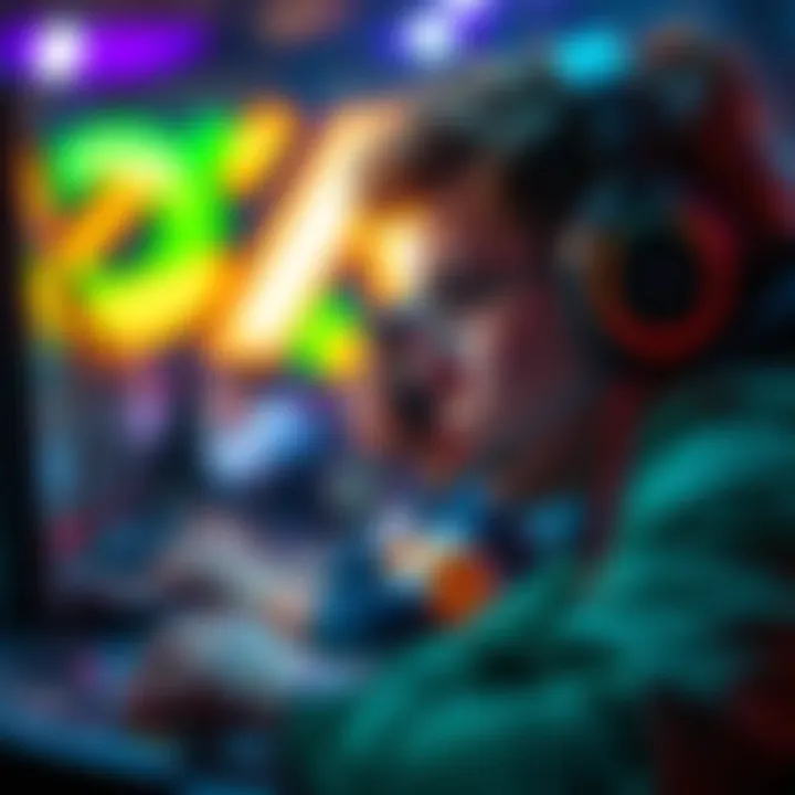 A dedicated gamer intensely focused on the screen during a tournament, showing determination and strategy in competitive gaming.