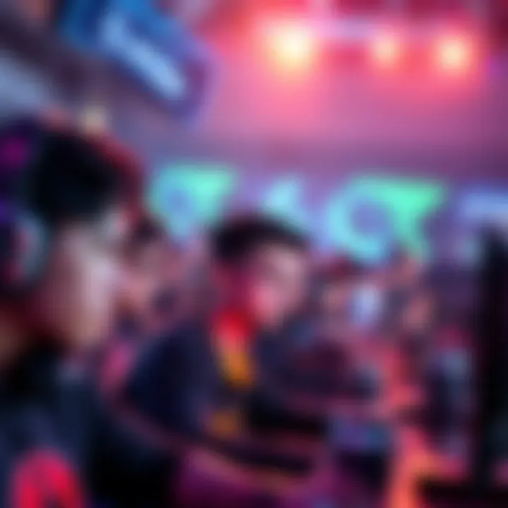 A group of gamers intensely focused on screens during a competitive gaming tournament with colorful lights and cheering crowd.