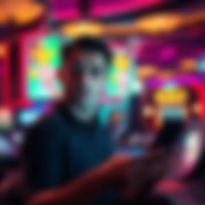 Concerned gambler at a casino A man looks worried while checking his phone at a casino, showing frustration over missing funds.