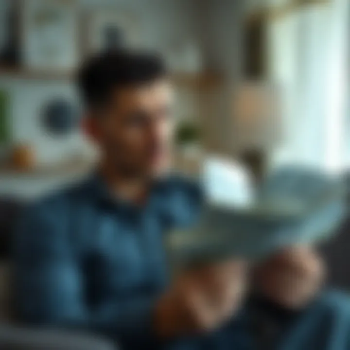 A worried man looks at a pile of bills and notices while sitting on a couch, thinking about his financial struggles as he prepares to become a father