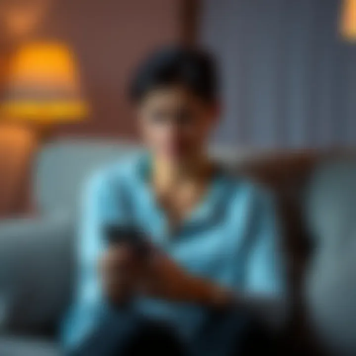 A concerned wife sits on a couch, looking pensive while holding her phone, reflecting on whether to tell her adult children about her husband's gambling addiction.