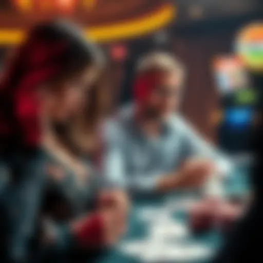 A worried wife looks at her husband who is focused on a casino game and surrounded by gambling chips and cards