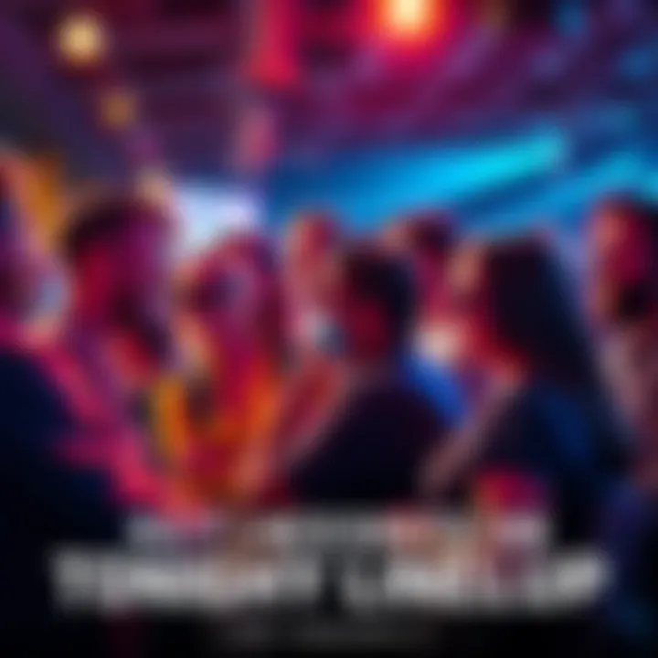 A group of fans excitedly sharing their thoughts on tonight's concert lineup at a venue