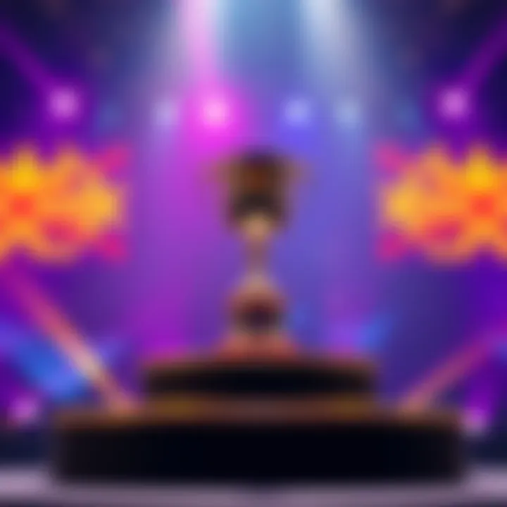 A shining trophy placed on a podium with a colorful banner in the background, symbolizing an upcoming competition