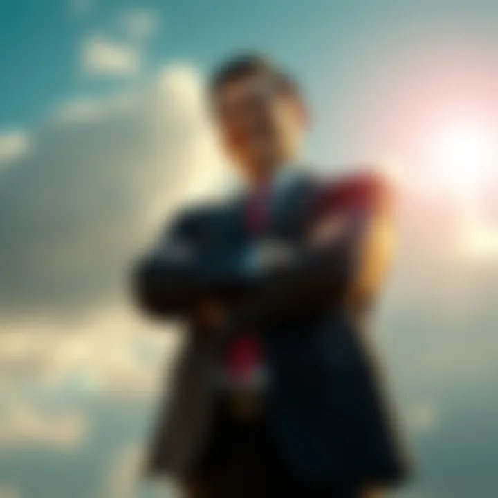 A confident business person stands with arms crossed, smiling while looking at a bright sky, symbolizing success and positive mindset.