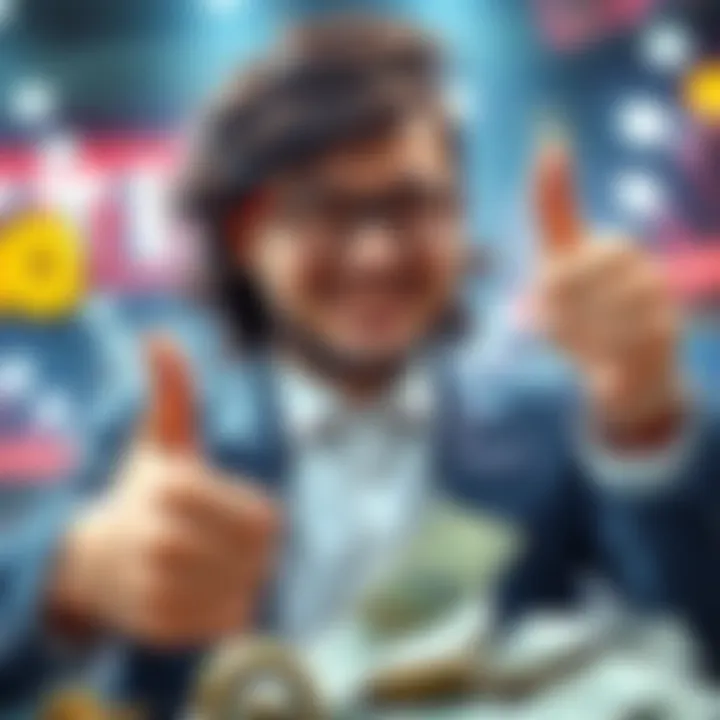 A confident person giving a thumbs up while surrounded by betting slips and cash, radiating a sense of success and assurance.