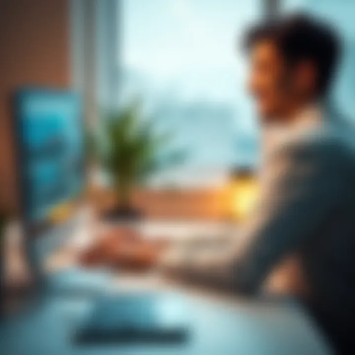 Person smiling confidently at a computer screen Individual sitting comfortably at a desk, smiling while looking at a computer, symbolizing resilience against online criticism