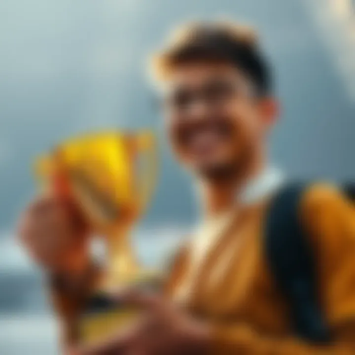 Confident Person with Trophy A person smiling and holding a trophy, symbolizing success and confidence, with a bright background.