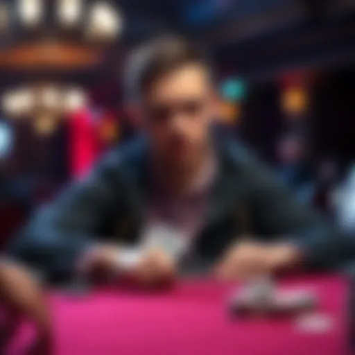 A focused poker player making a bold bet at a live cash game, showing confidence and determination