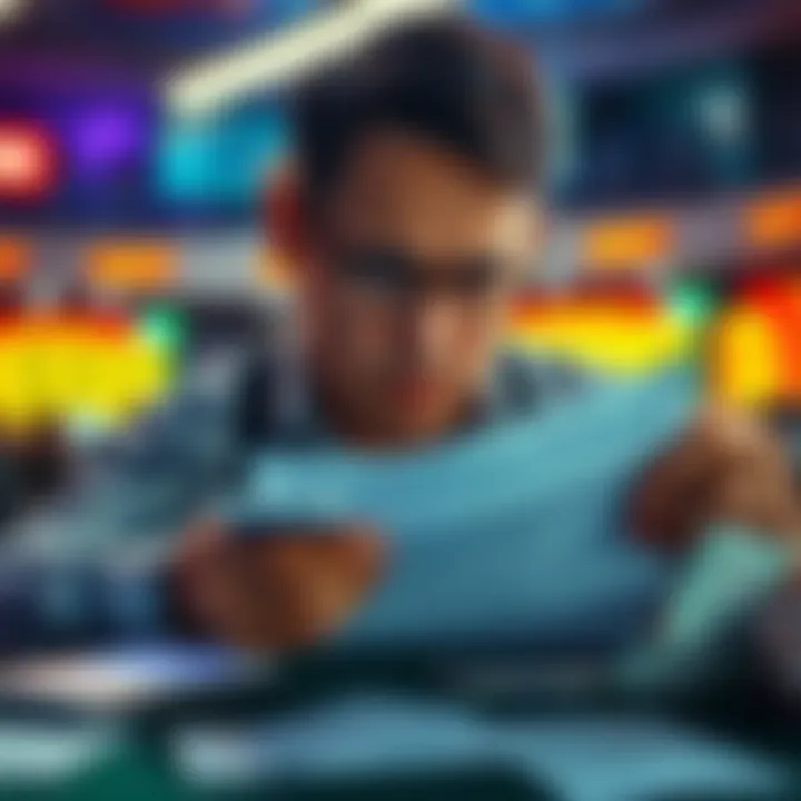 A person looking at a betting sheet with a puzzled expression, surrounded by sports betting tickets and a phone showing betting apps.