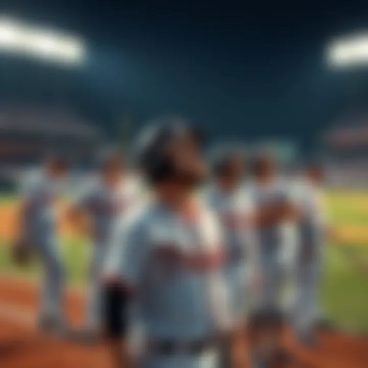 A group of baseball players looking puzzled on the field during the sixth inning of a game, with one player celebrating a score despite three outs.