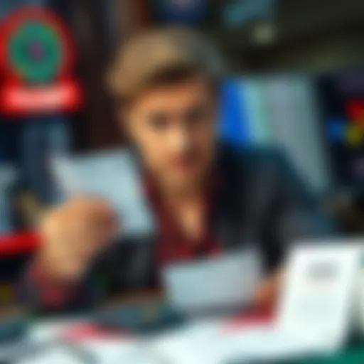 A player looks bewildered while holding a betting slip, surrounded by calculators and odds charts, illustrating a funny math mistake in gambling.