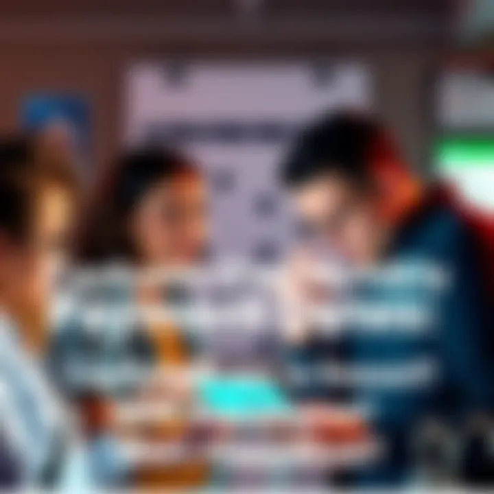 A group of people looking at their phones and discussing confusion over payment dates, with a calendar in the background