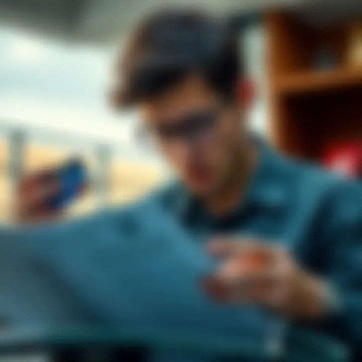 A confused person looking at bank documents and a debit card, showing concern over a name mismatch issue