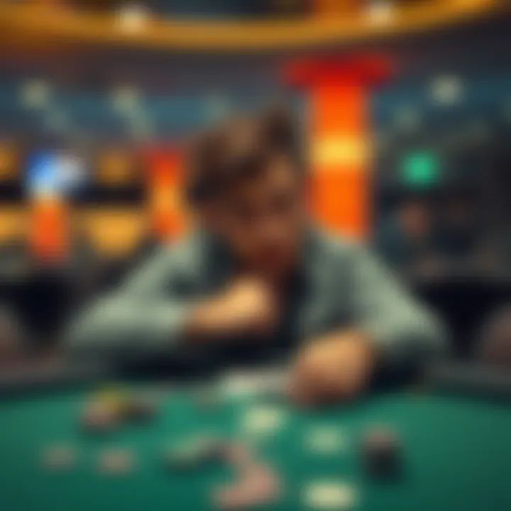 A person sitting at a poker table with a perplexed expression, looking at chips and cards, pondering their decision about an ICM deal.