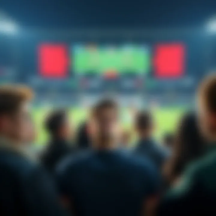 A group of people looking puzzled while watching a soccer game, with a scoreboard in the background showing a tie score.