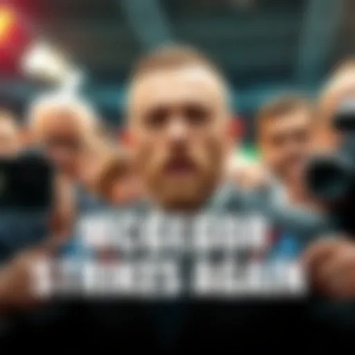 Conor McGregor speaking at a press conference with reporters and cameras around
