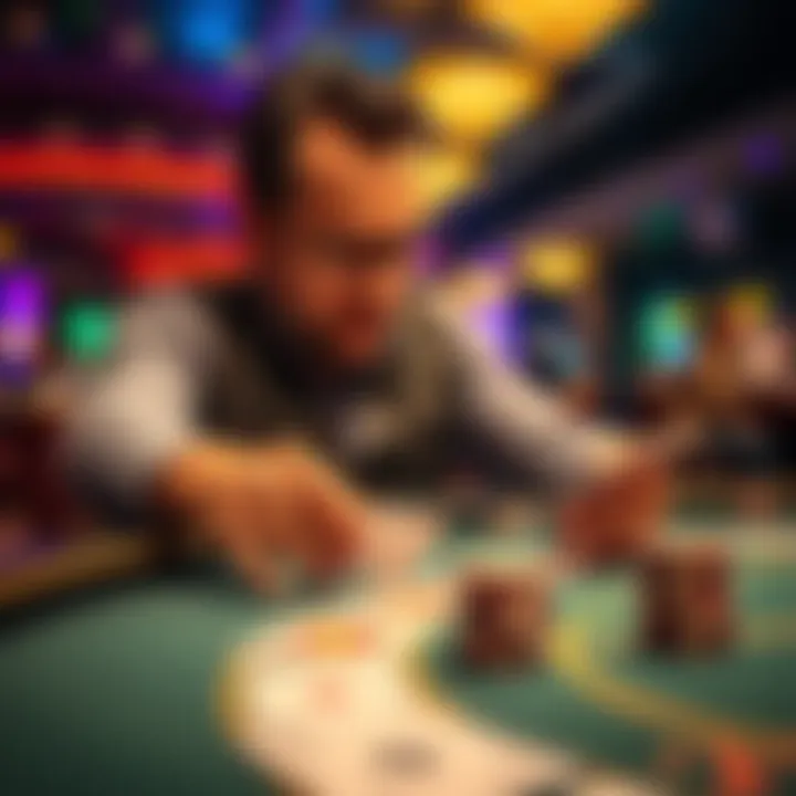 A conservative gambler carefully analyzing cards at a Blackjack table, focusing on strategy while gambling