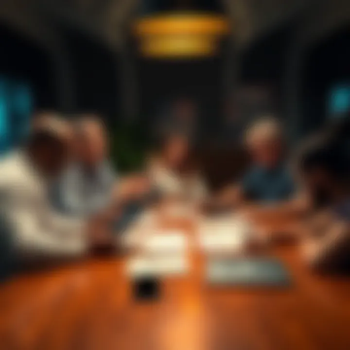 People engaged in a discussion about conspiracy theories with papers and laptops around a table