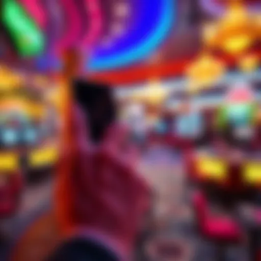 A person using a phone to reach out to a host for rewards in Las Vegas, with a casino background visible.