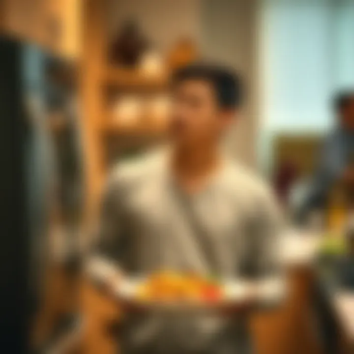 A person stands in a kitchen holding a plate of food, looking thoughtful about their cooking choices and wagering decisions.