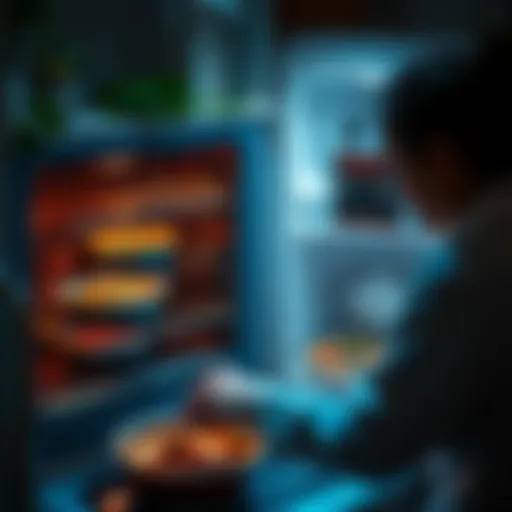 A person prepares a meal with one dish baking in the oven and another dish stored in the fridge, showcasing efficient meal prep.
