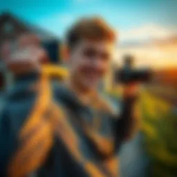 A young man filming himself with a camera, showcasing excitement and energy typical of vlogging, while outdoors in New Hampshire.