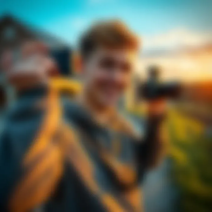 Corey Eyring Vlogging A young man filming himself with a camera, showcasing excitement and energy typical of vlogging, while outdoors in New Hampshire.