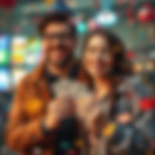 Couple celebrating a jackpot win A happy couple holding lottery tickets and smiling, surrounded by confetti and money, symbolizing a jackpot win and its impact on their relationship