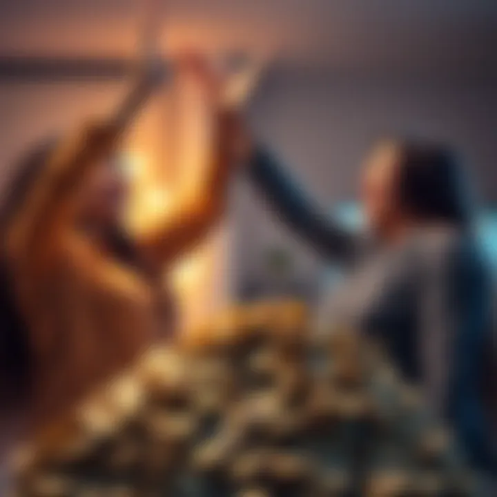 A cheerful couple high-fiving over a pile of cash, highlighting their excitement about financial gains in their relationship.