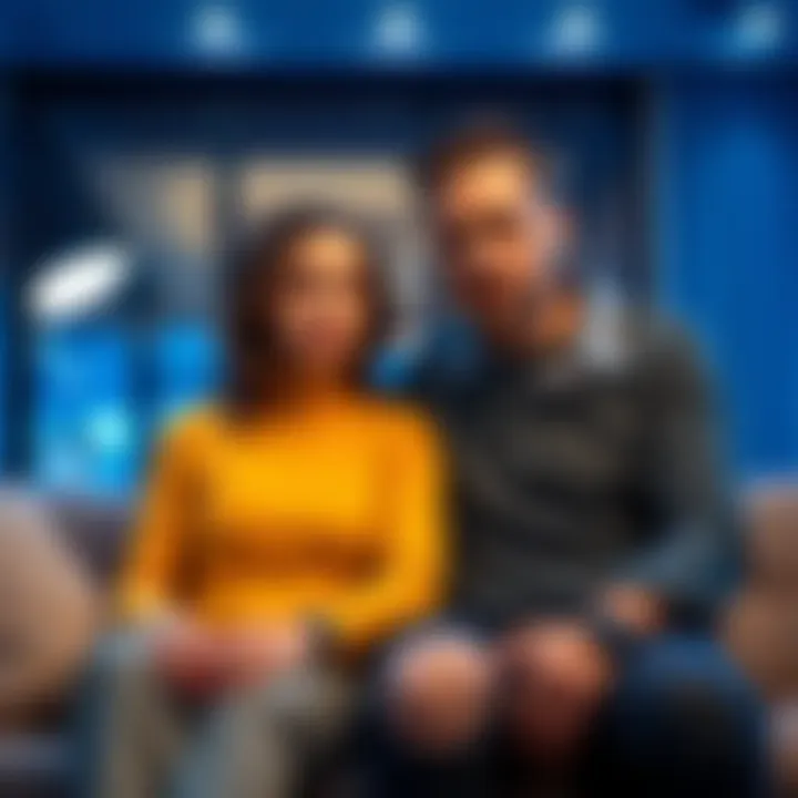 A man and woman sit on a couch, looking worried and discussing issues related to gambling addiction