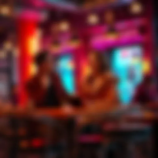 A couple sharing a moment in a trendy cafe, surrounded by technology, showing the mix of love and modern life.