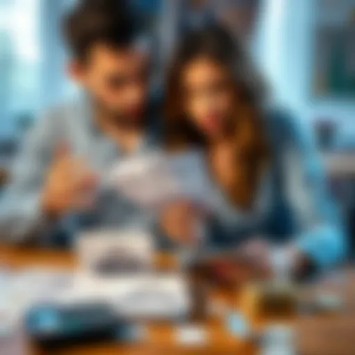 A husband and wife sit at a table with bills and a calculator, looking concerned about money issues related to gambling.