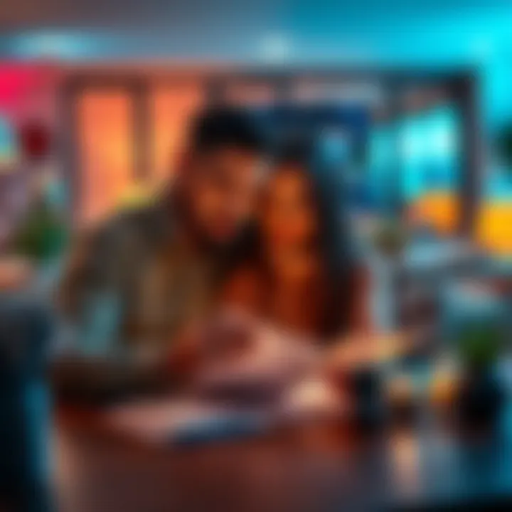 A concerned couple sits at a table, reviewing bills and discussing financial plans, highlighting the impact of gambling addiction on their relationship.