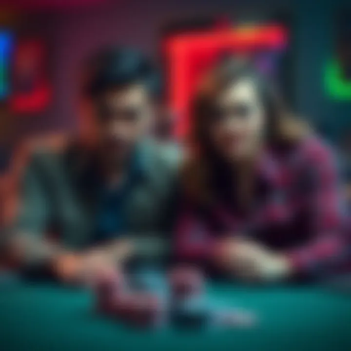 Couple discussing gambling A couple sitting at a table, one looking concerned while the other appears frustrated, with a stack of poker chips in front of them.