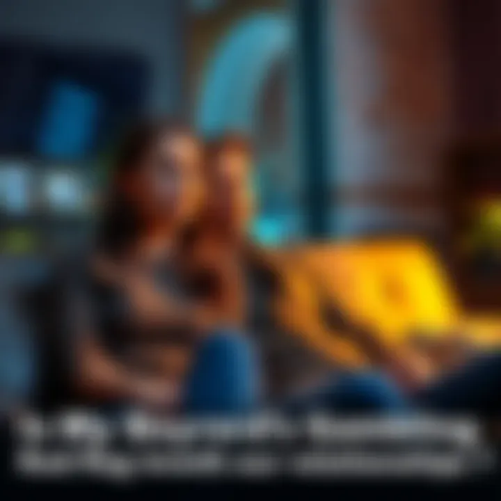 A woman and man sit on a couch, looking concerned as they talk about gambling issues in their relationship.