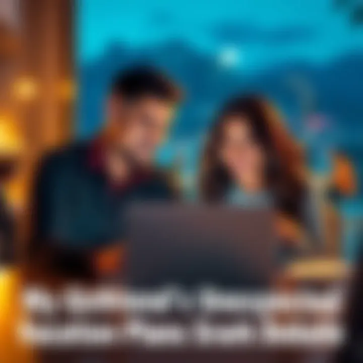 A couple sits at a table, looking at a laptop and discussing vacation ideas with smiles and a hint of concern.