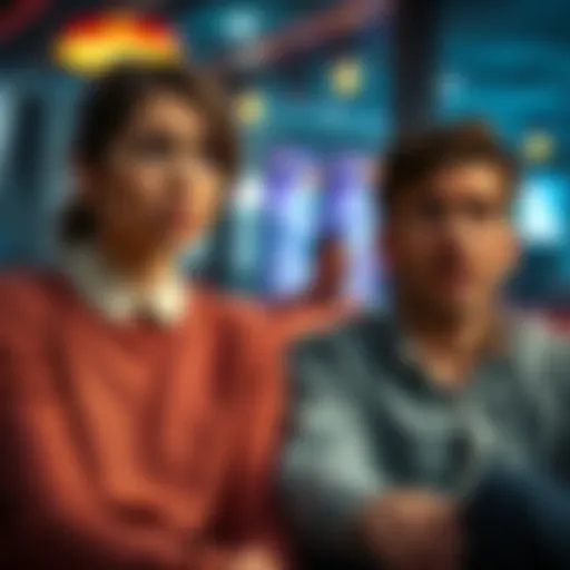 A woman looks anxious while sitting next to her boyfriend who appears distressed, reflecting the strain of gambling addiction on their relationship.